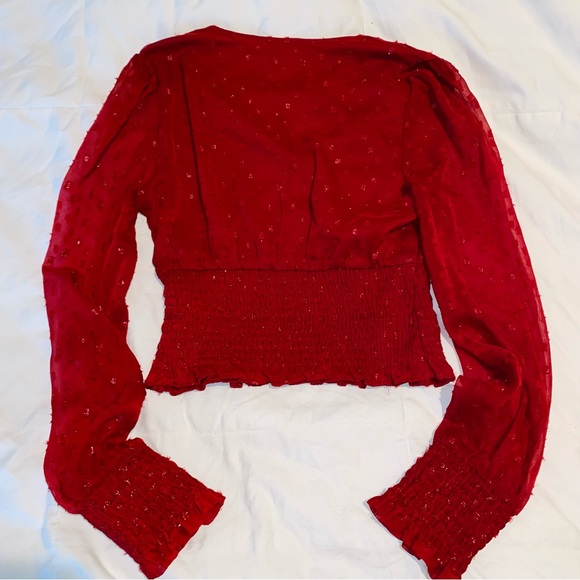 ๐ ๐HP๐ B.O.G Collective Red Shimmer Bubble Sleeve Crop Blouse XS - Picture 2 of 7